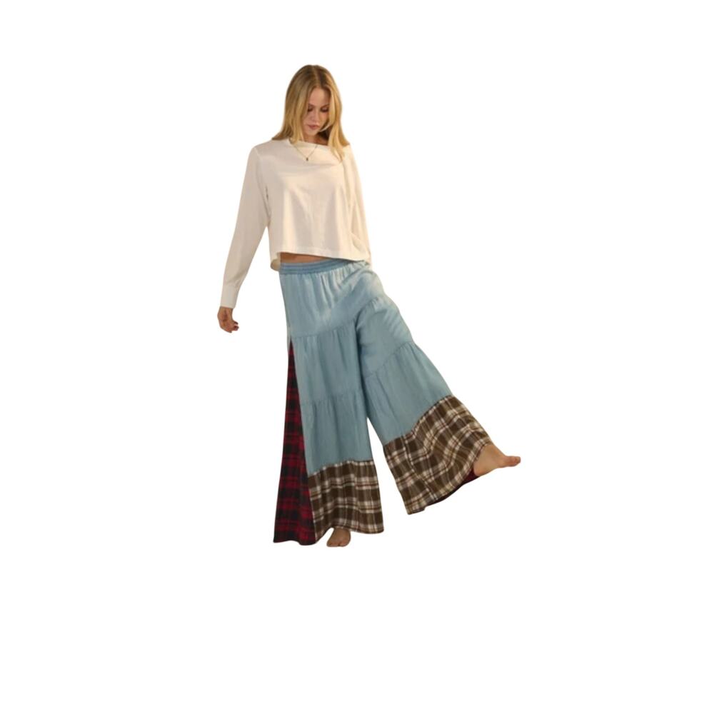 ODDI Plaid & Chambray Tiered Wide Leg Elastic Waist Pant NWT Size Small